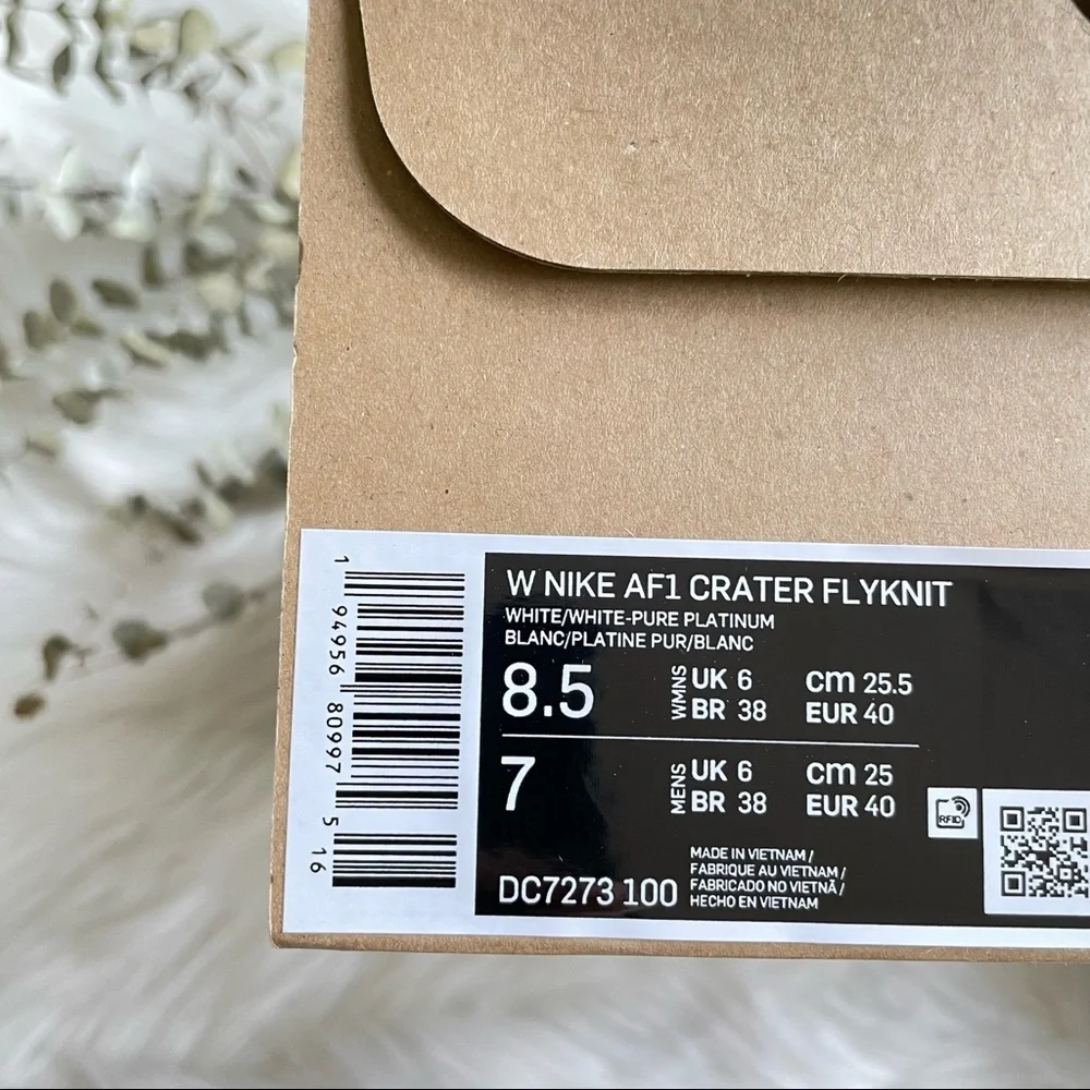 Nike Air Force 1 Crater Flyknit Women’s 8.5 White Pure Platinum NIB